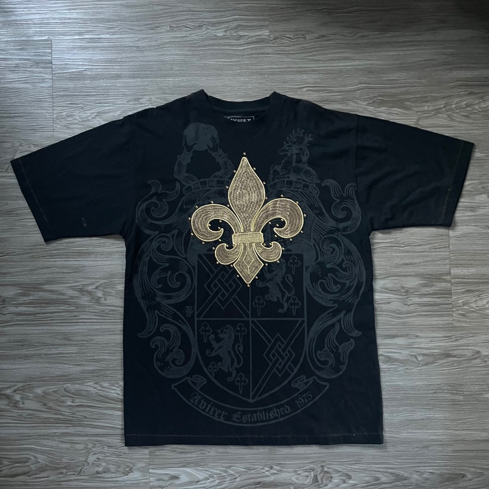 Avirex Mens Black Graphic T-Shirt Gold Embroidered Fleur-De-Lis Crest Large